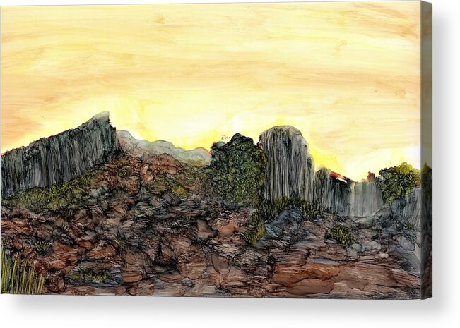Rock Acrylic Print featuring the painting Between a rock and an arroyo by Angela Marinari