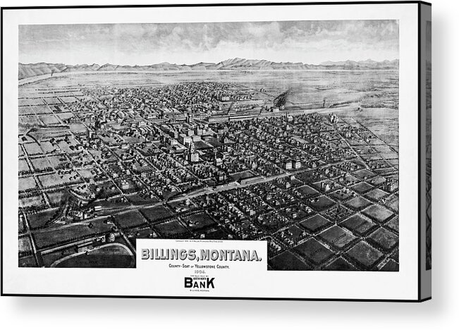 Billings Acrylic Print featuring the photograph Billings Montana Antique Map Birds Eye View 1904 Black and White by Carol Japp