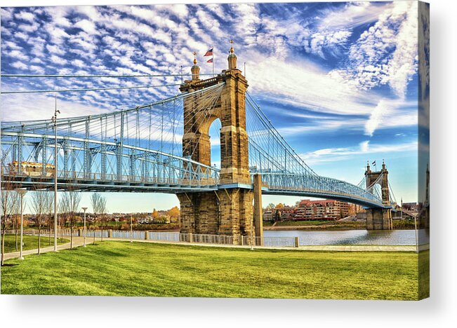 Cincinatti Acrylic Print featuring the photograph Cincinnati John A Roebling Suspension bridge by Karen Cox