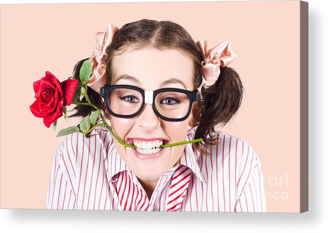 Funny Acrylic Print featuring the photograph Cute Smiling Woman Wearing Nerd Glasses With Rose by Jorgo Photography