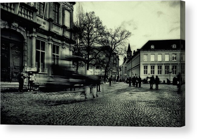 #bruges #belgium #horse #coach #galagan #edwardgalagan #brugge #longexposure #evening #town #city #street #instagram Acrylic Print featuring the digital art Frowning Evening in the Old Town by Edward Galagan