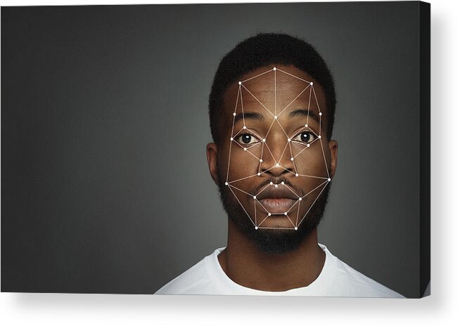 Artificial Acrylic Print featuring the photograph Futuristic and technological scanning of face for facial recognition by Prostock-Studio