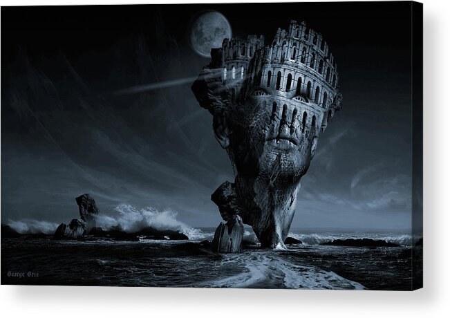 Romantic Idealistic Phantasmagoric Digital Poster Limited Edition Giclee Art Print Metaphorical Allegorical Symbolic. Horizon Sea Stone Rock Face Architecture Wave Landscape Scenery Philosophical Thoughtful Idealistic Art Surrealism Digital Picture Blue Photo-manipulation 3d Matte Painting Photography Surreal Surrealistic Acrylic Print featuring the digital art Insomnia or Nocturnal Awakening by George Grie