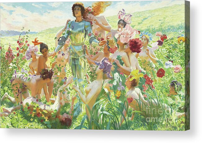 Chevalier Acrylic Print featuring the painting Le chevalier aux fleurs by Georges Marie Rochegrosse