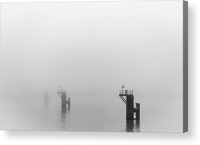 Mooring Acrylic Print featuring the photograph Mooring Dolphins in the Fog by Gavin Lewis