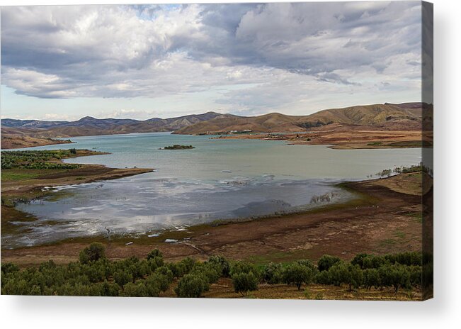 Morocco Acrylic Print featuring the photograph Moroccan Lake and Mountains by Edward Shmunes