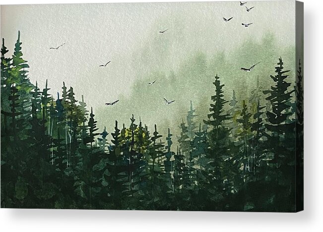 Northern Pines Maine Acrylic Print featuring the painting Northern Pines in the Mist by Kellie Chasse