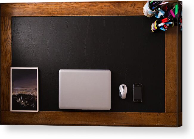 Catalonia Acrylic Print featuring the photograph Ordered desk view from above with arranged objects by Artur Debat
