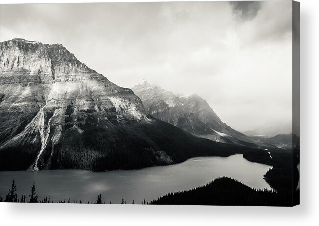 Peyto Lake Black And White Panorama Acrylic Print featuring the photograph Peto Lake Black And White Panorama by Dan Sproul