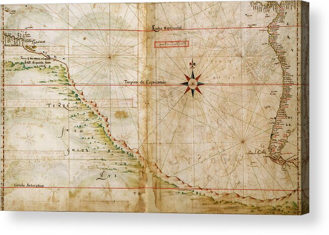 Maps Acrylic Print featuring the drawing Portuguese map of the South Pacific 1630 by Vintage Maps
