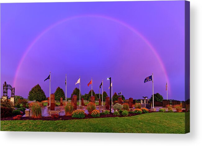 Stoughton Acrylic Print featuring the photograph Promise to the Veterans - Full rainbow above the Stoughton Veterans Memorial Park right at sunset by Peter Herman