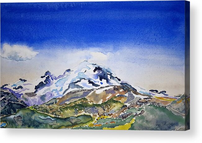 Watercolor Acrylic Print featuring the painting Rainier Panorama by John Klobucher