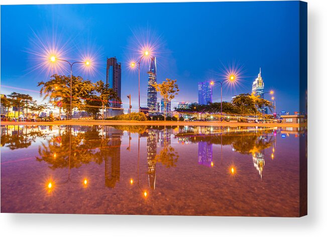 Ho Chi Minh City Acrylic Print featuring the photograph Saigon blue hour over reflection - Saigon the biggest city in Vietnam by Ho Ngoc Binh