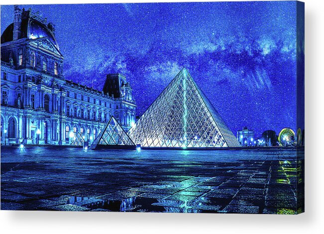 Louvre Acrylic Print featuring the digital art Starry sky over the Louvre by Alex Mir