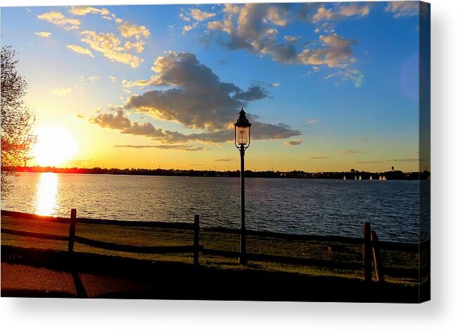 Rivers Acrylic Print featuring the photograph Sunset and Gas Lamppost on the Delaware by Linda Stern