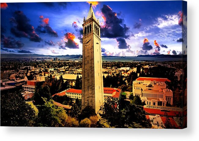 Berkeley Acrylic Print featuring the digital art The Sather Tower and a a view to Berkeley Campus, downtown Berkeley and San Francisco Bay at sunrise by Nicko Prints