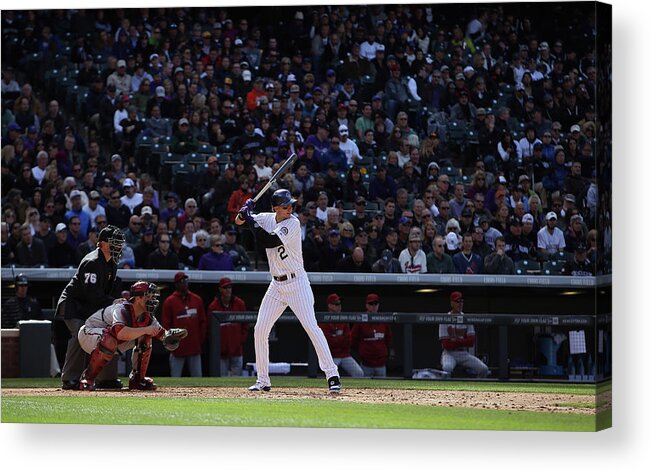 Baseball Catcher Acrylic Print featuring the photograph Troy Tulowitzki and Miguel Montero by Doug Pensinger