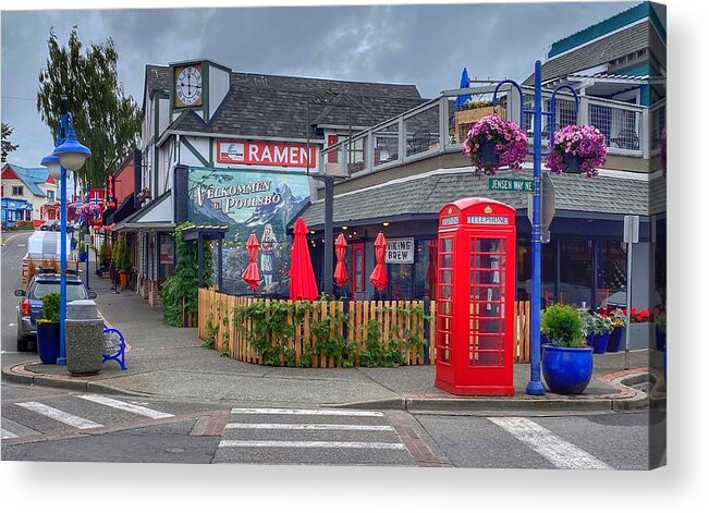 Red Phone Booth Acrylic Print featuring the photograph Velkommen til Poulsbo by Jerry Abbott