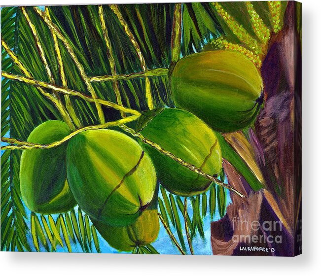 Coconuts Acrylic Print featuring the painting Coconuts at sunset by Laura Forde
