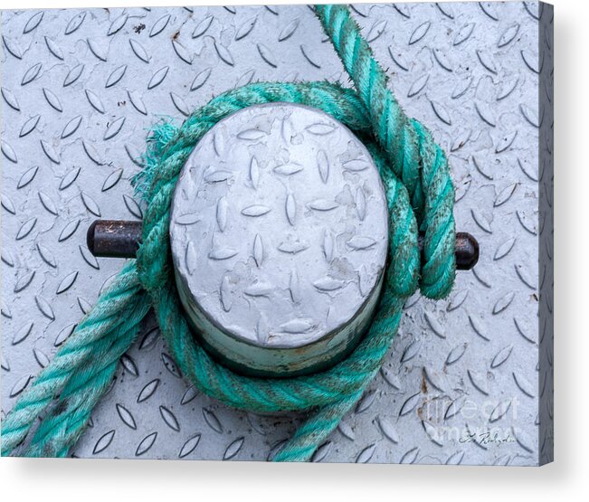 Iris Holzer Richardson Acrylic Print featuring the photograph Dock Bollard with Green Boat Rope #1 by Iris Richardson