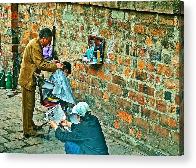 Streetside Barbershop In Hanoi Acrylic Print featuring the photograph Streetside Barbershop in Hanoi-Vietnam by Ruth Hager