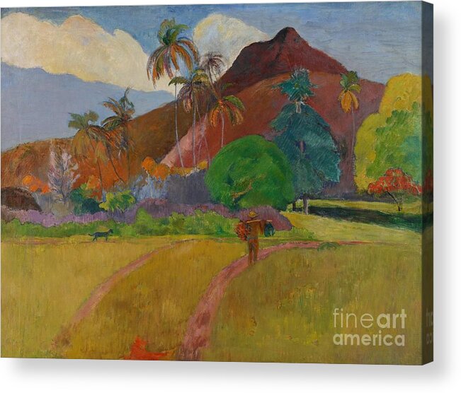Tahiti; Tahitian; Landscape; View; Rural; Remote; French Polynesia; Mountain; Mountainous; Male; Walking; Path; Palm Tree; Trees; Tropical Acrylic Print featuring the painting Tahitian Landscape by Gauguin by Paul Gauguin