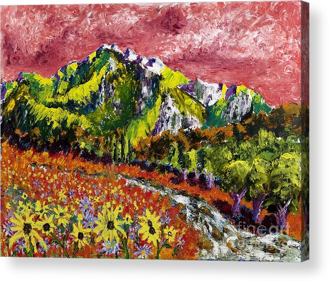 Mountains Acrylic Print featuring the painting Yellow Flowers by Walt Brodis