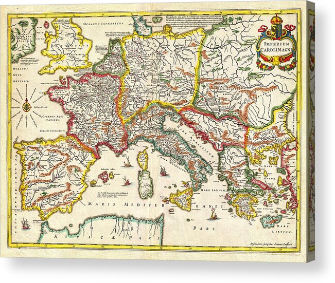 1657 Jansson Map Of The Empire Ofcharlemagne Geographicus Carolimagni Jansson 1657 Acrylic Print featuring the painting 1657 Jansson Map of the Empire ofCharlemagne Geographicus CaroliMagni jansson 1657 by MotionAge Designs