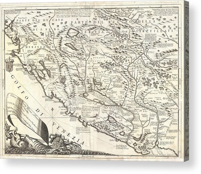 This Is Vincenzo Maria Coronelli's 1690 Map Of Montenegro. Covers The Dalmatian Coast From Dubrovnik To Gjiri I Drinit Acrylic Print featuring the photograph 1690 Coronelli Map of Montenegro by Paul Fearn