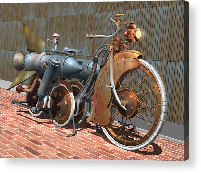 Steampunk Acrylic Print featuring the digital art 1900 Dual Rocket Steambike by Stuart Swartz