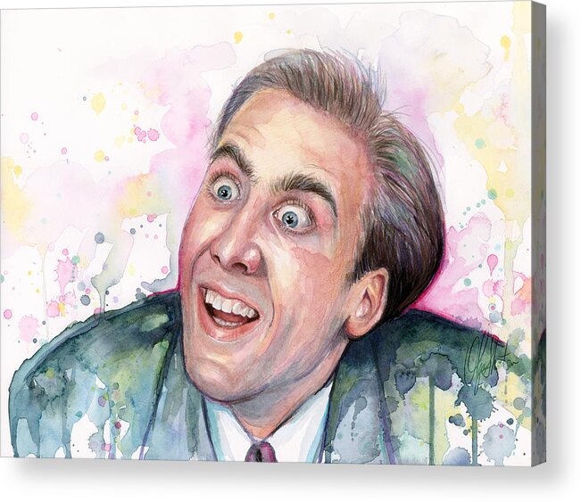 Nic Cage Acrylic Print featuring the painting Nicolas Cage You Don't Say Watercolor Portrait by Olga Shvartsur