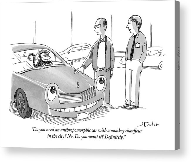 Automobiles Acrylic Print featuring the drawing A Car Salesman Gives A Pitch To A Prospective by Joe Dator