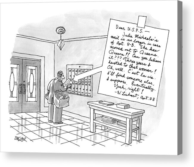 Post Office Acrylic Print featuring the drawing A Postman Reads A Letter Left by Jack Ziegler