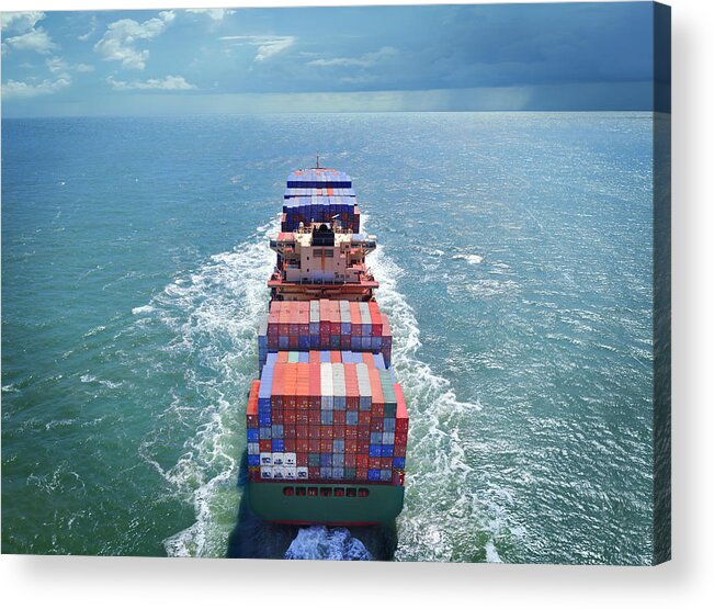 Freight Transportation Acrylic Print featuring the photograph Aerial view of freight ship with cargo containers by Narvikk