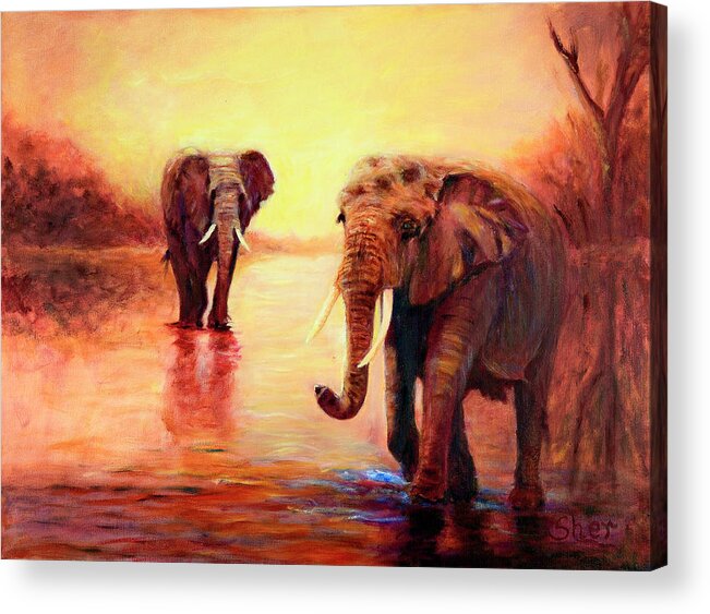 African Elephants Acrylic Print featuring the painting African Elephants at Sunset in the Serengeti by Sher Nasser
