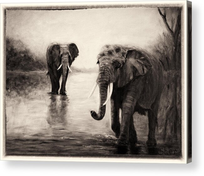 African Elephants Acrylic Print featuring the painting African Elephants at Sunset by Sher Nasser