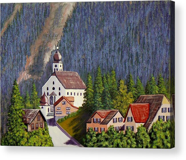 Painting Acrylic Print featuring the painting Alpine Church by Ray Nutaitis