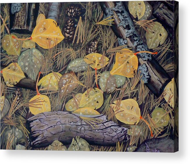 Outdoors Acrylic Print featuring the painting Aspen leaves and needles by Ray Nutaitis