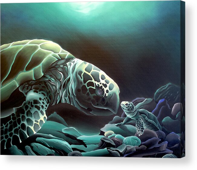 Loggerhead Sea Turtles Acrylic Print featuring the painting First Hello by William Love