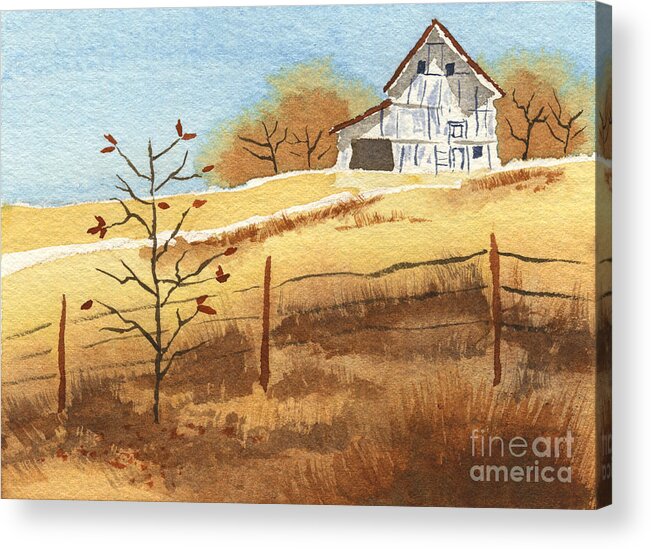 Watercolor Painting Acrylic Print featuring the painting Barn in Autumn by Beverly Claire Kaiya