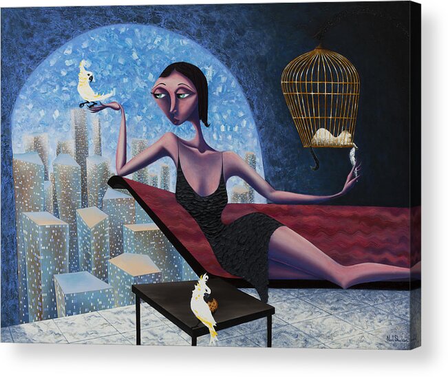 Woman Acrylic Print featuring the painting Bird Lady by Ned Shuchter