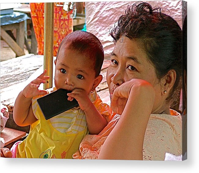 Bright-eyed Baby And Mother In Marketplace In Tachilek Acrylic Print featuring the photograph Bright-eyed Baby and Mother in Marketplace in Tachilek-Burma by Ruth Hager