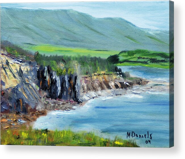 Water Seacoast Coastline Ocean Mountain Cliff Rock Tree Scenic Acrylic Print featuring the painting Cabot Trail Coastline by Michael Daniels