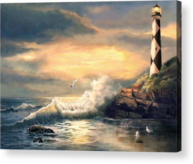  Coastal Acrylic Print featuring the painting Dwindling light Cape Lookout Lighthouse North Carolina at Sunset by Regina Femrite