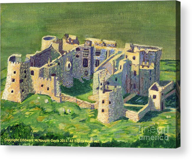 Carew Castle Acrylic Print featuring the painting Carew Castle Aerial Painting by Edward McNaught-Davis
