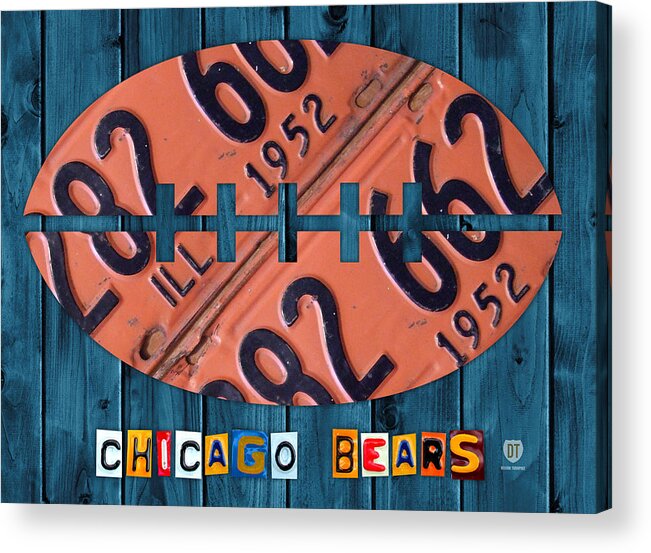 Chicago Acrylic Print featuring the mixed media Chicago Bears Football Recycled License Plate Art by Design Turnpike