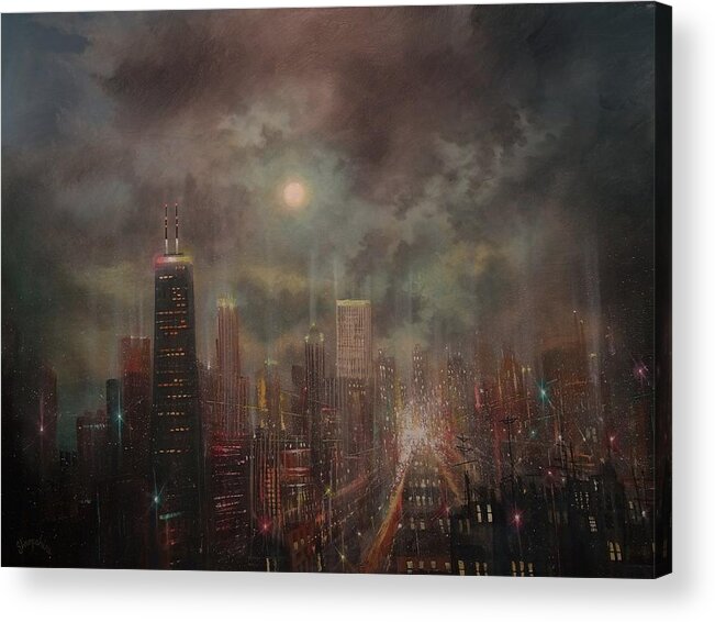  Chicago Acrylic Print featuring the painting Chicago Moon by Tom Shropshire