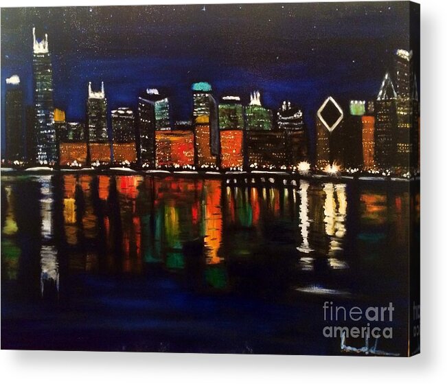 Chicago Acrylic Print featuring the painting Chicago Night Skyline by Brindha Naveen
