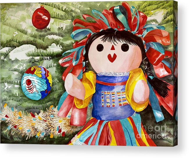 Christmas Doll Acrylic Print featuring the painting Christmas Muneca by Kandyce Waltensperger