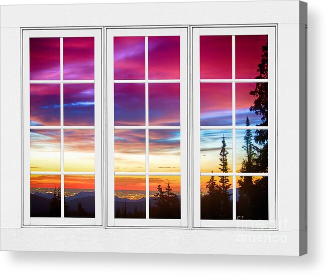 Window To Nature Acrylic Print featuring the photograph City Lights Sunrise View Through White Window Frame by James BO Insogna